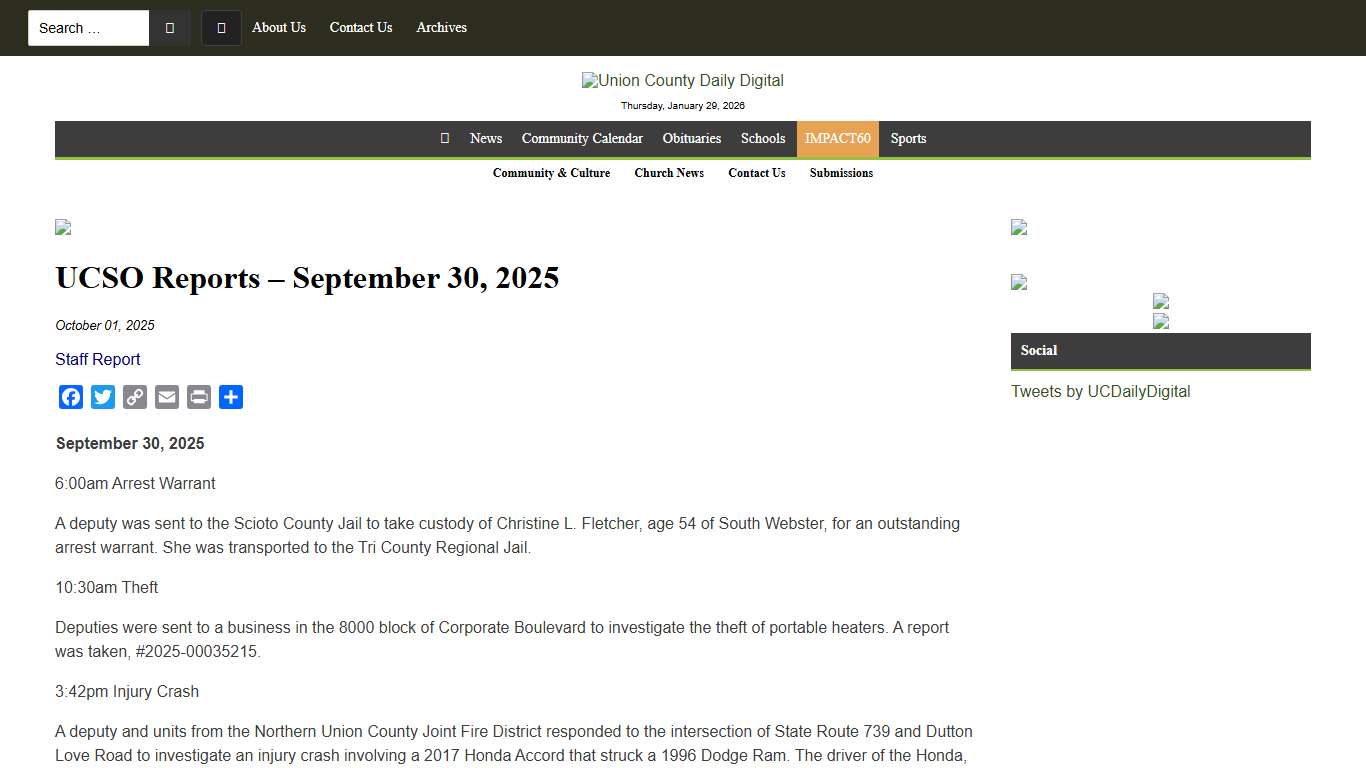 UCSO Reports – September 30, 2025 - Union County Daily Digital