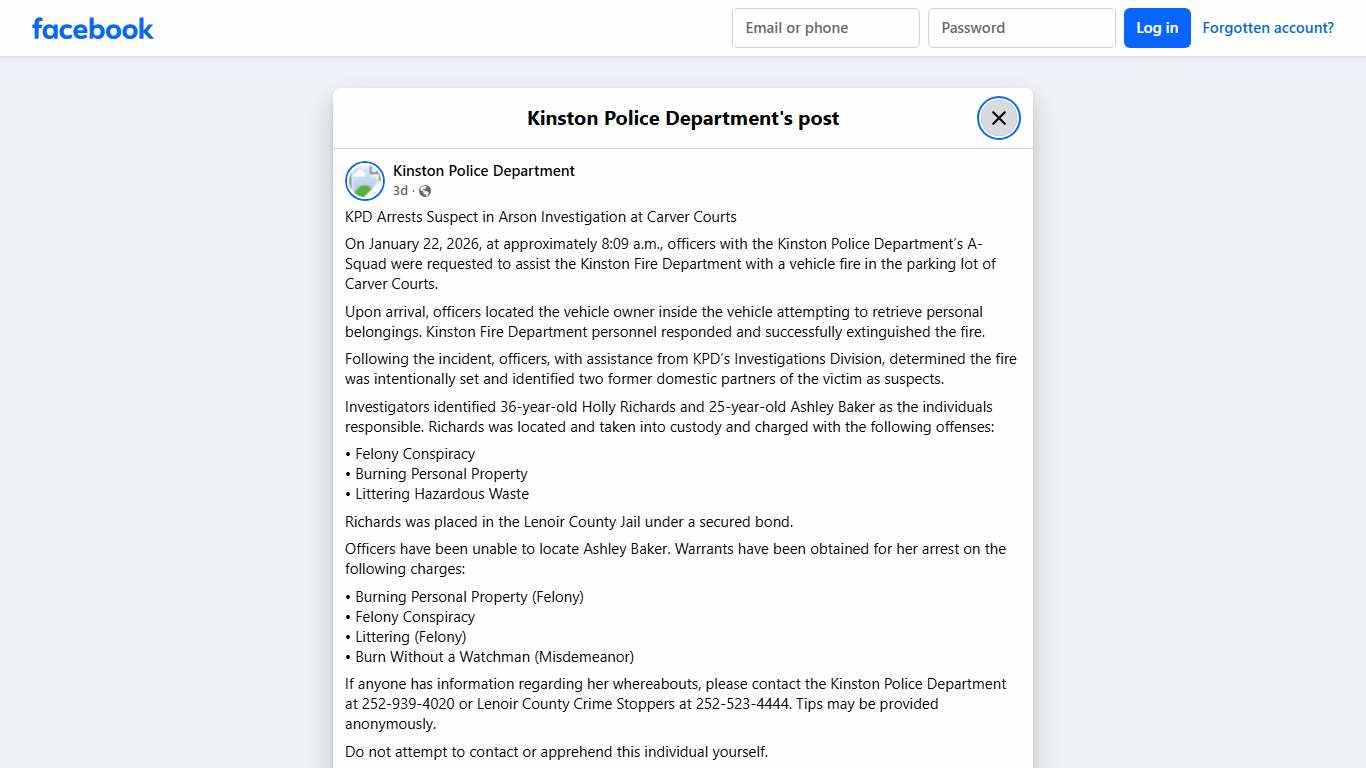 KPD Arrests Suspect in Arson... - Kinston Police Department Facebook
